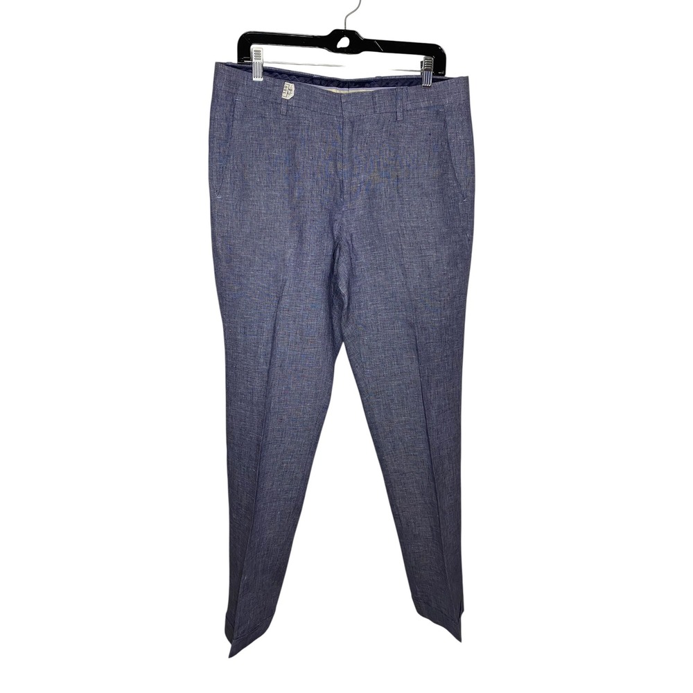 Murano Mens Baird McNutt Linen Heather Blue Slim Fit Cuffed Dress Pants 34x32